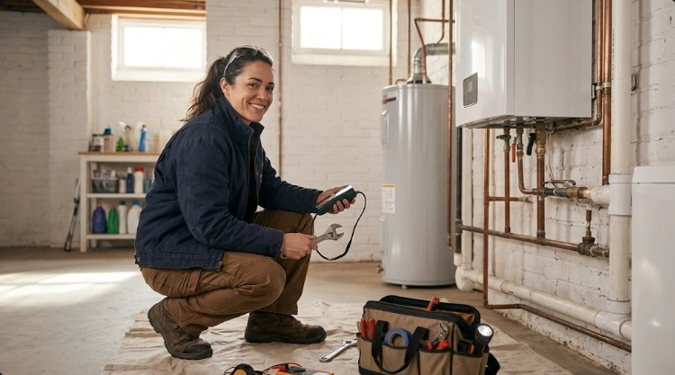 Master plumber inspecting gas piping joints and pressure regulators using electronic gas sniffer and pressure gauge