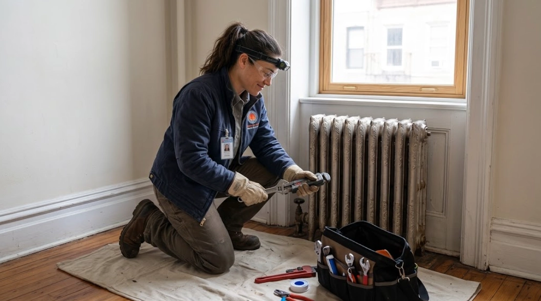 Technician repairing a brass steam radiator shutoff valve and air vent in an older residence