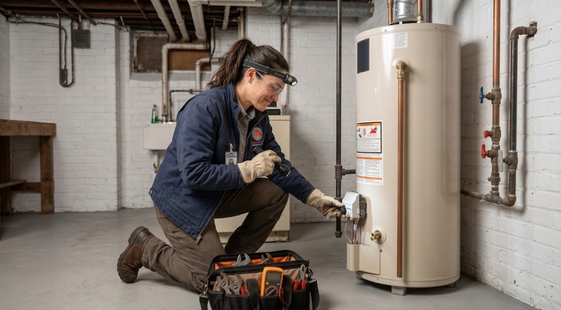 Licensed plumber testing temperature and pressure relief valve and gas controls on a residential water heater